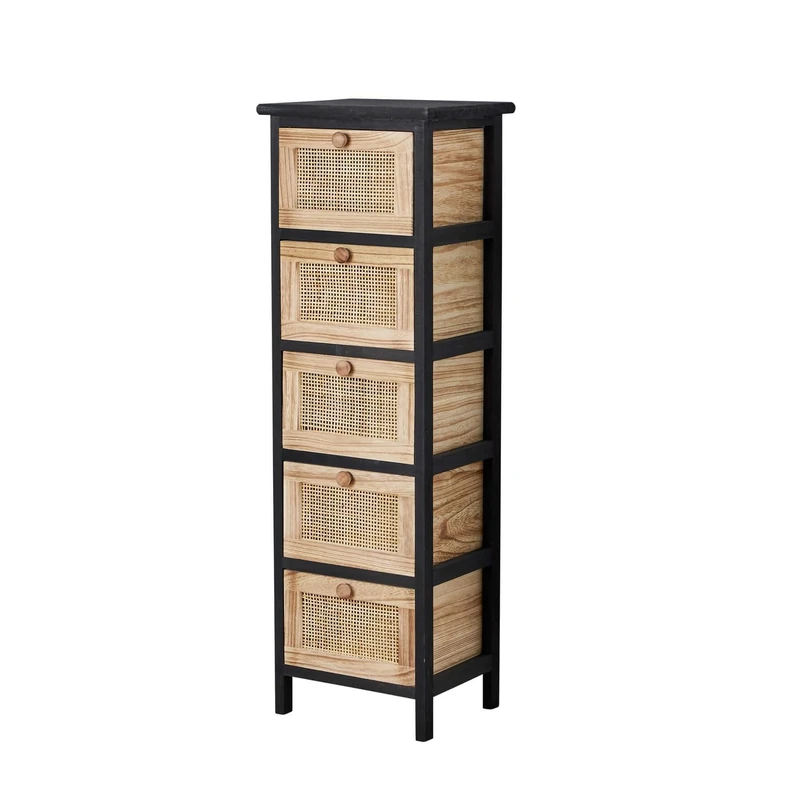 Home Source Chest of Drawers, Wooden Bedroom Organiser Storage Unit, Black with Woven Rattan Drawers, 5 Drawer