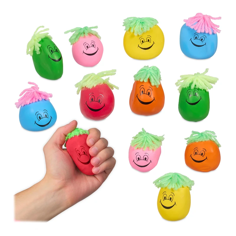 Relaxdays 6 cm, Set of 12, Grimace/Hair, Anti-Stress, Kneadable, Children, Adults, Crumple Ball, Colourful, Latex, 6 x 4 cm