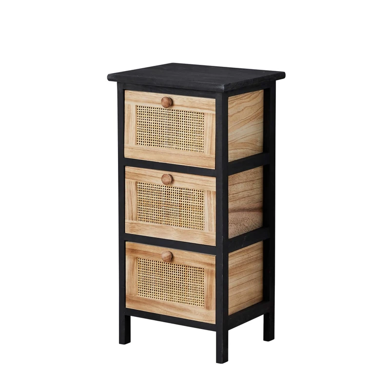Home Source Chest of Drawers, Wooden Bedroom Organiser Storage Unit, Black with Woven Rattan Drawers, 3 Drawer