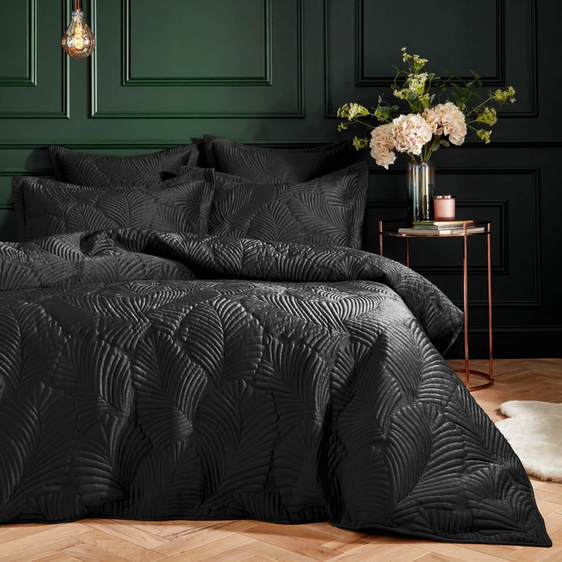 Paoletti Palmeria Quilted Duvet Cover Set – Luxe Embroidered Velvet Bedding (Black – Single)