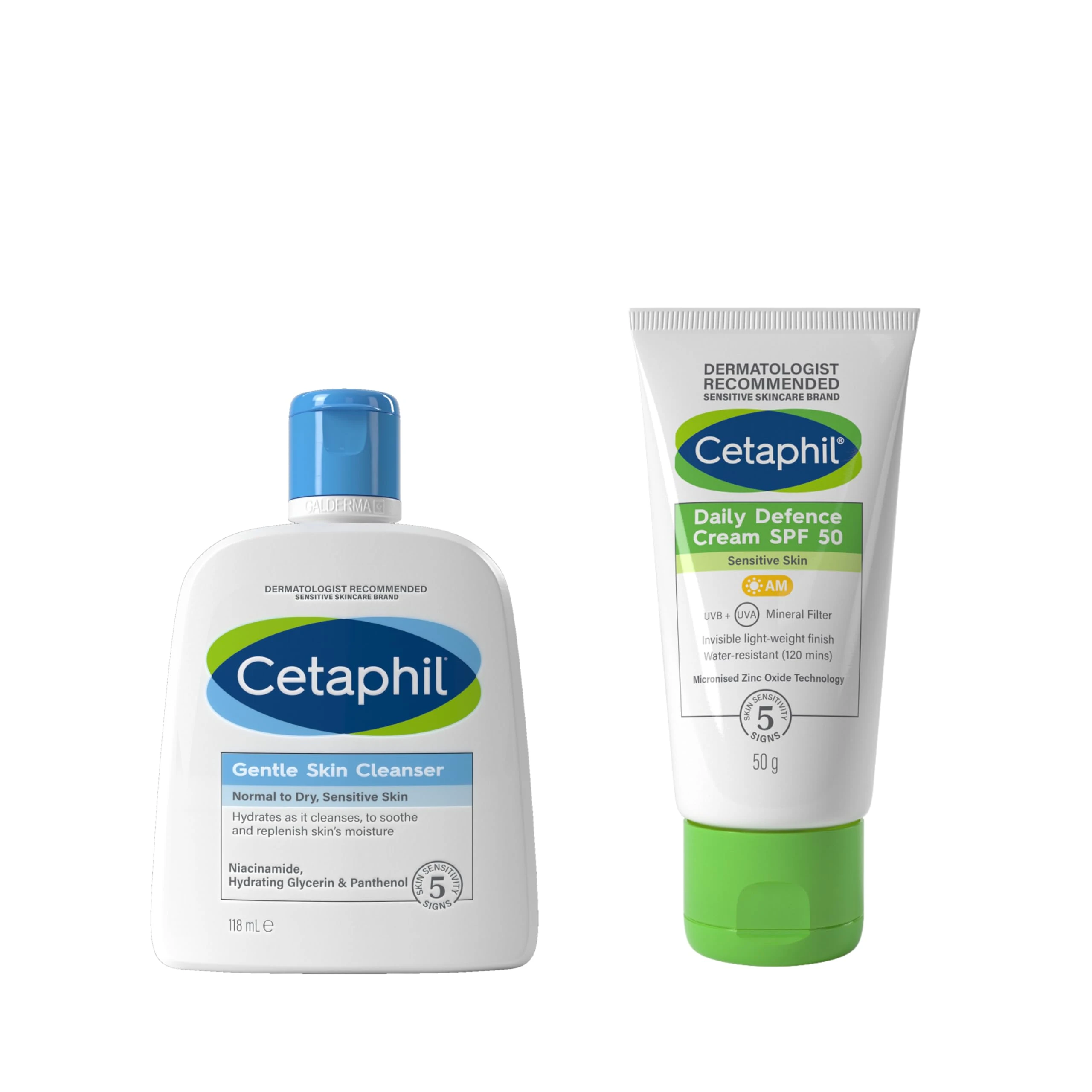 Cetaphil Sensitive Skin Daily Essentials Skincare Set, Gentle Skin Cleanser Travel Size 118ml + SPF 50 Face Cream 50g