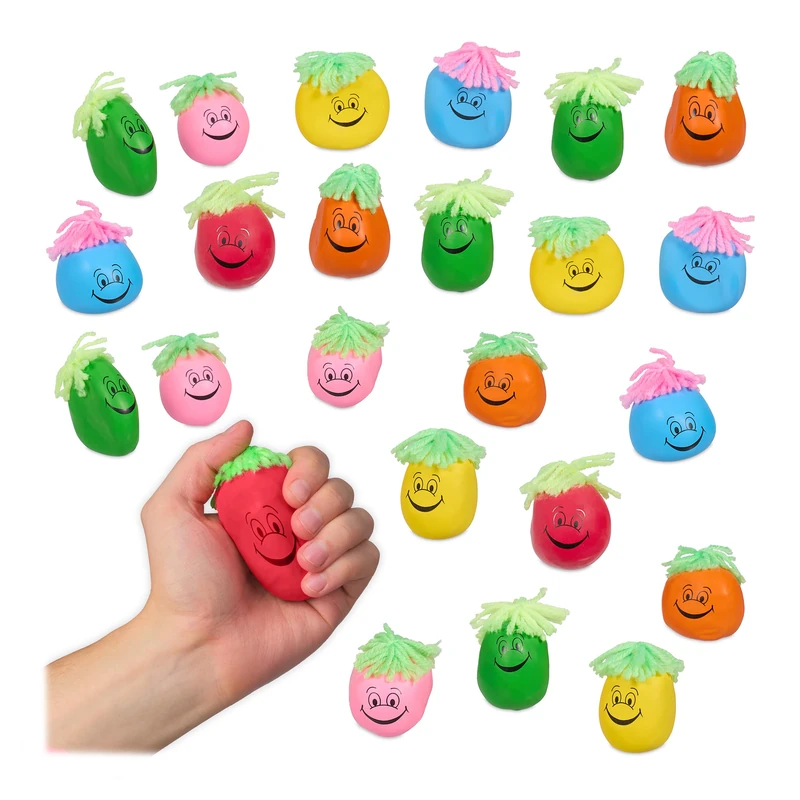 Relaxdays Stress Ball 6 cm, Set of 24, Grimace/Hair, Anti-Stress, Kneadable, Children, Adults, Crumple Ball, Colourful