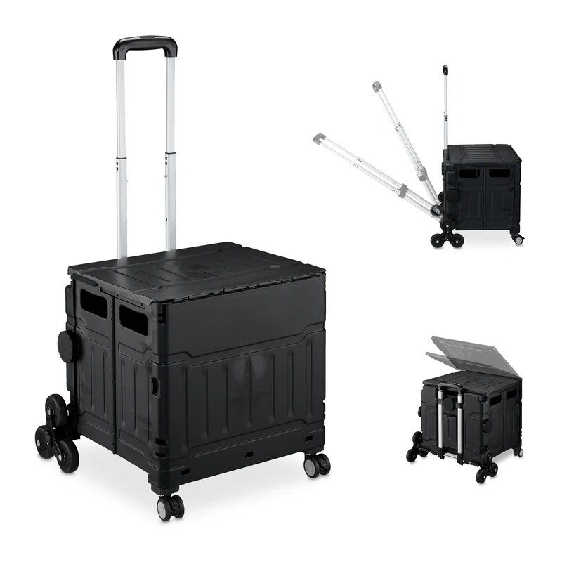 Relaxdays Trolley, Stair Climbing, Foldable, Up to 50 kg, Telescopic Handle, Shopping Transport Cart, Black, Aluminium, 15 x 15.5 x 7.5 cm