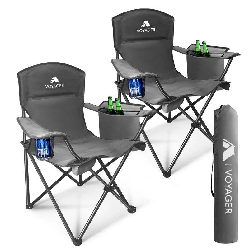 Voyager 2 Pack Folding Camping Chairs with Cooler Bag - Black