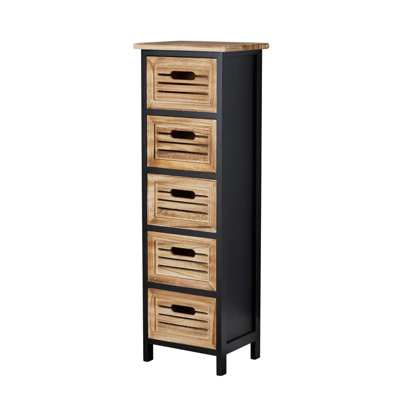 Home Source Chest of Drawers, Wooden Bedroom Organiser Storage Unit, Black with Natural Drawers, 5 Drawer