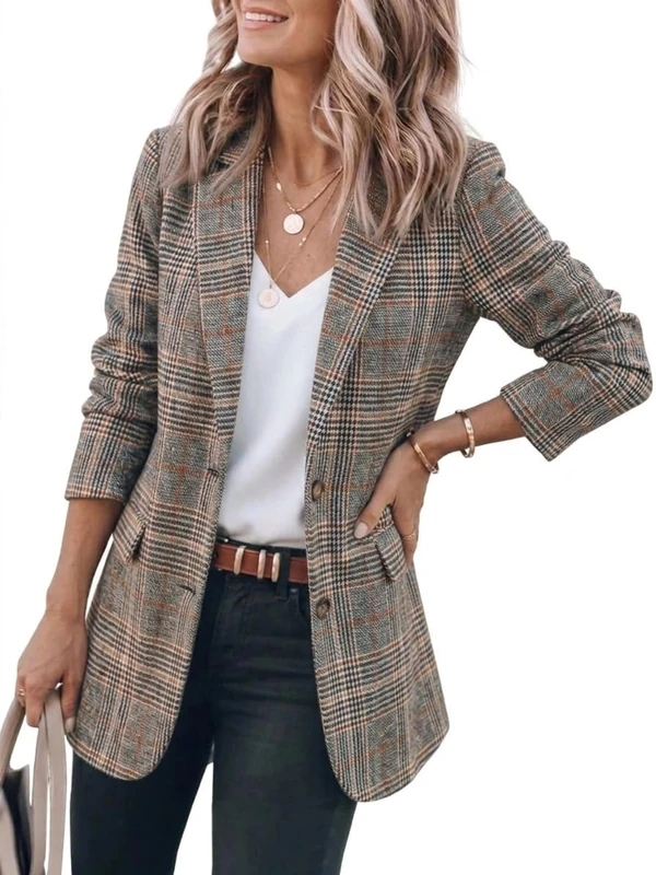 IDEALSANXUN Womens Tweed Blazer Casual Plaid Houndstooth Blazer Work Suit Jackets, Brown, XXL - Image 1