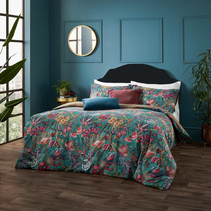 furn. Wylder Viranai Duvet Cover Set – Textured Slub Cotton Rich Floral Bedding (Lake Blue – Single – 137x200cm)