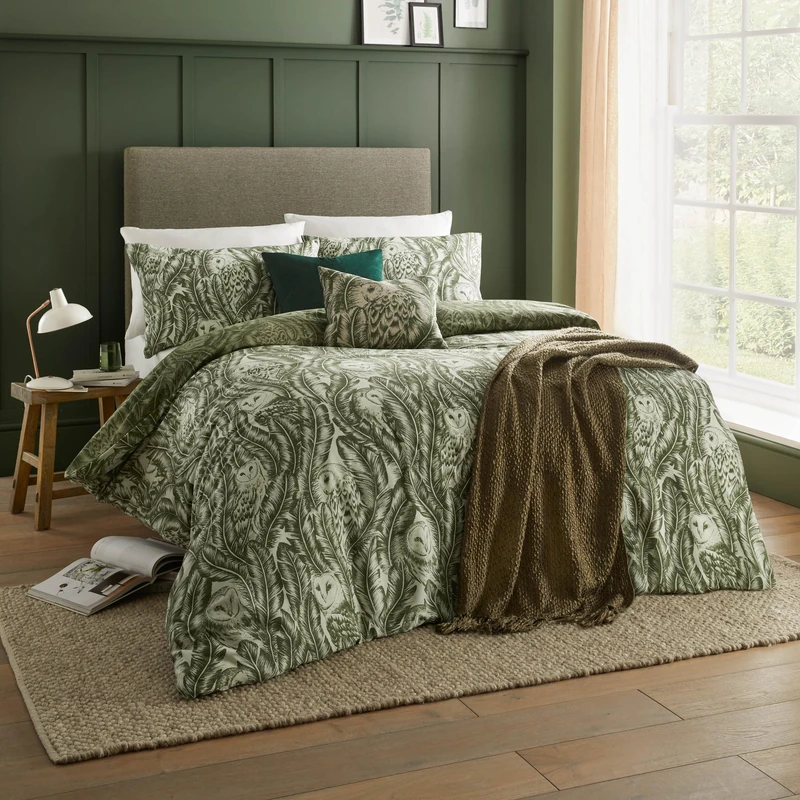 Wylder Albus Duvet Cover Set – Reversible Woodland Owl Slub Cotton Rich Bedding (Forest Green - King) - Image 1