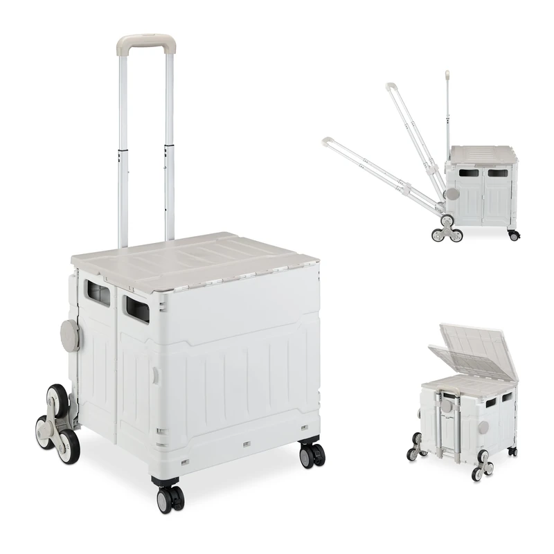 Relaxdays Shopping Trolley, Stair Climbing, Foldable, Up to 50kg, Telescopic Handle, Shopping Transport Cart, Grey/White
