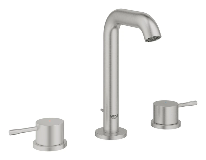 GROHE Essence – 3 Hole Basin Mixer Tap with Pop-Up Waste Set (Deck-Mounted, M-Size 193mm, Dual Handle Metal Lever, Ceramic Disc 90°, Water Saving Aerator 5.7 l/min), Supersteel, 20296DC1