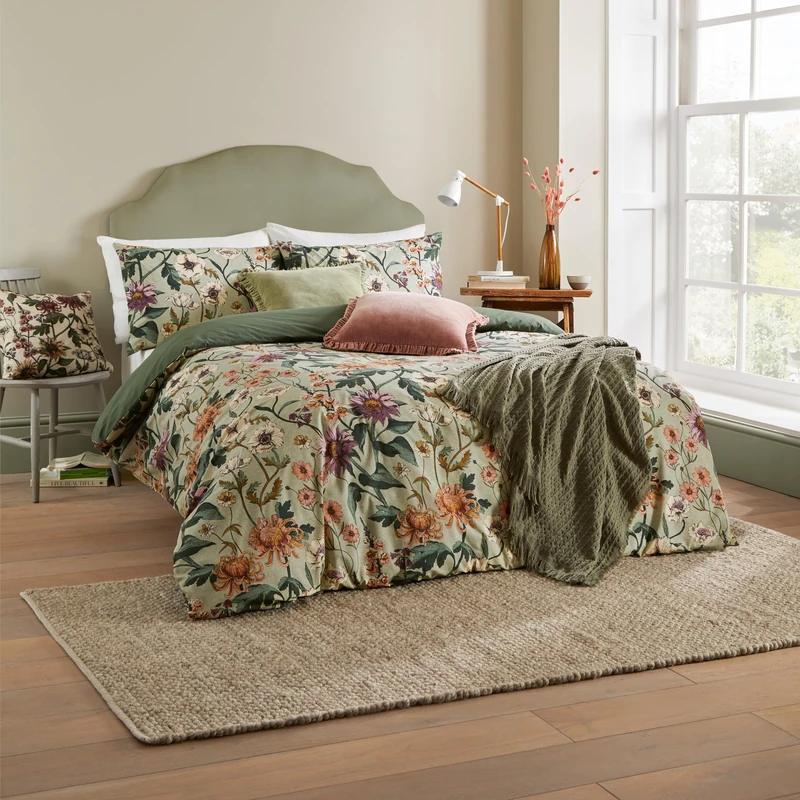 Wylder Nature Wallflower Botanical Duvet Cover Set – Vintage Botanics Linen Look (Celadon Green – King (U.K. Standard))