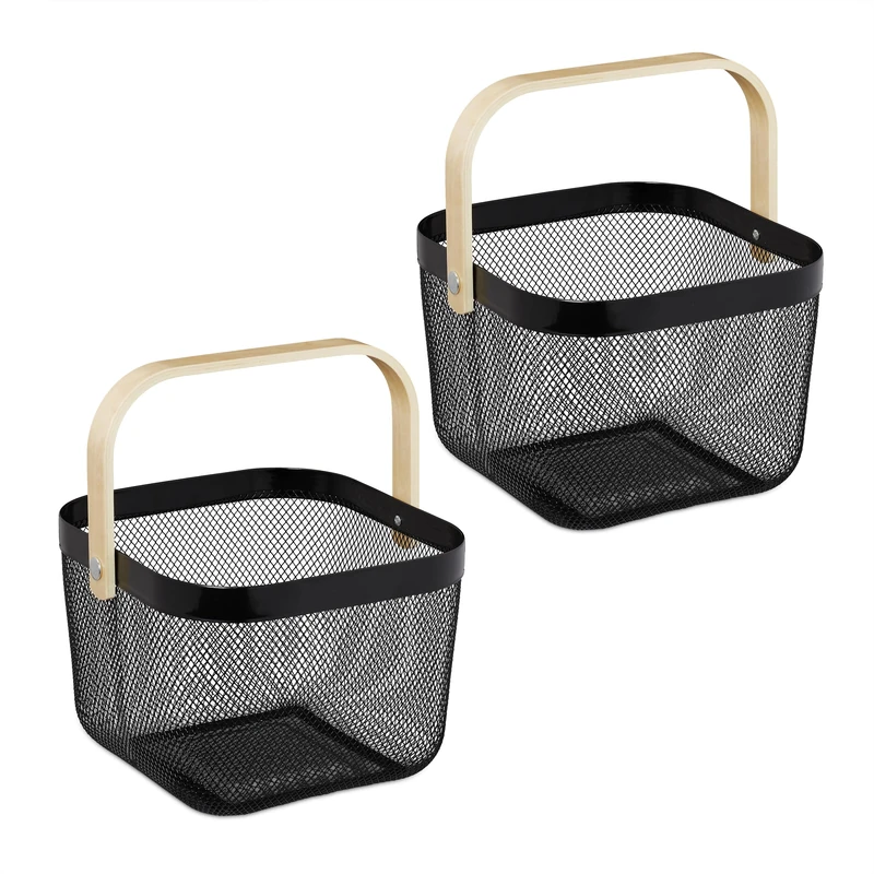 Relaxdays Wire Baskets with Handle, Set of 2, Metal & Bamboo, HxWxD: 17.5 x 26 x 24.5 cm, Stylish Storage, Black