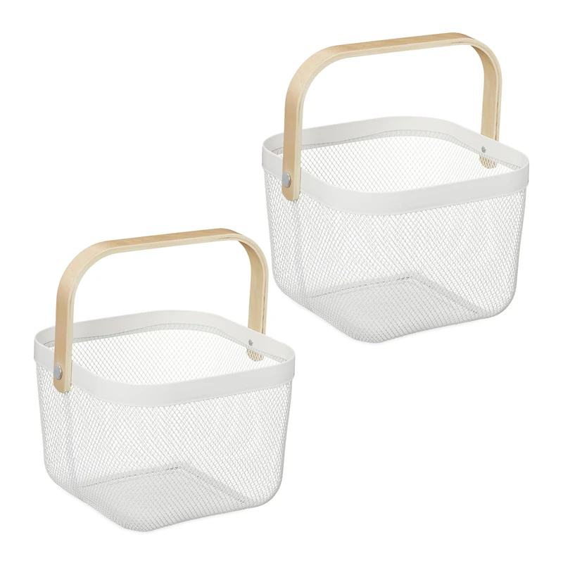 Relaxdays Wire Baskets with Handle, Set of 2, Metal & Bamboo, HxWxD: 17.5 x 26 x 24.5 cm, Stylish Storage, White