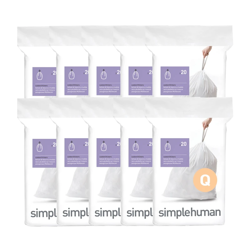 simplehuman Code Q 200 Count Custom Fit Liners, Drawstring Kitchen Bin Bags, One-by-One Mess-Free Dispense, Extra Thick & Double Seamed, 50% PCR Plastic, 50-65 Litre, White