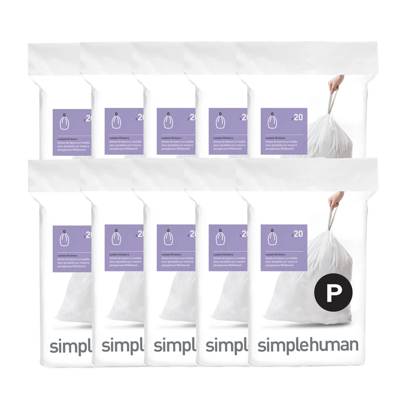 simplehuman Code P 200 Count Custom Fit Liners, Drawstring Kitchen Bin Bags, One-by-One Mess-Free Dispense, Extra Thick & Double Seamed, 50% PCR Plastic, 50-60 Litre, White