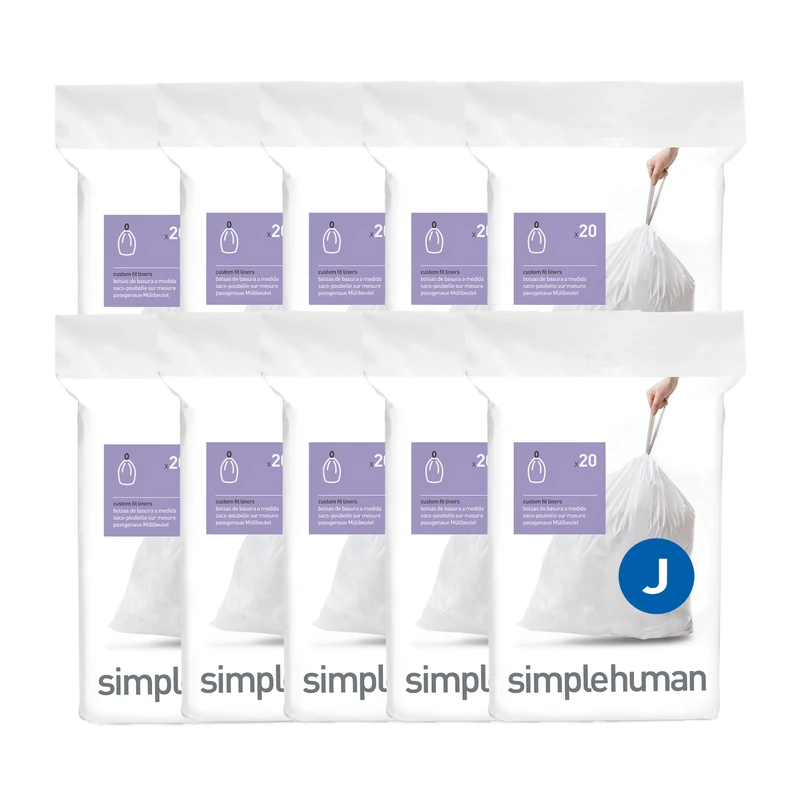 simplehuman Code J 200 Count Custom Fit Liners, Drawstring Kitchen Bin Bags, One-by-One Mess-Free Dispense, Extra Thick & Double Seamed, 50% PCR Plastic, 38-45 Litre, White
