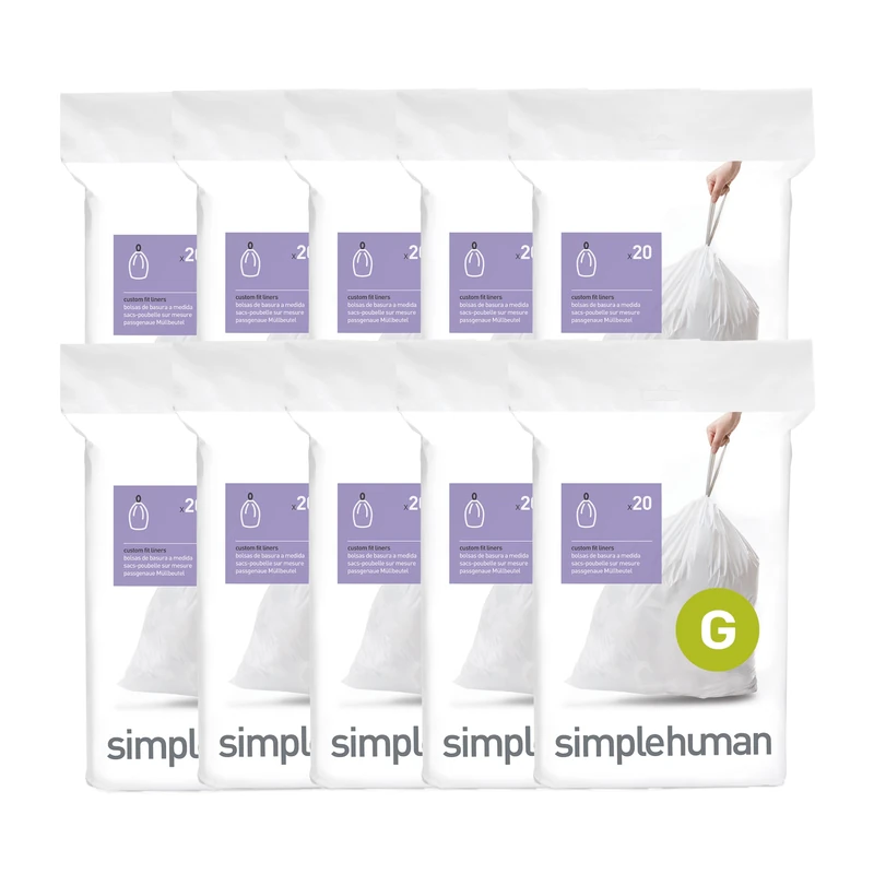 simplehuman Code G 200 Count Custom Fit Liners, Drawstring Kitchen Bin Bags, One-by-One Mess-Free Dispense, Extra Thick & Double Seamed, 50% PCR Plastic, 30 Litre, White