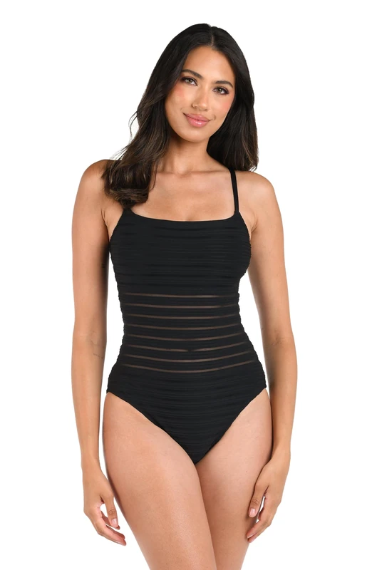 La Blanca Women's Lingerie One Piece Swimsuit, Black//Fluid Lines, 16