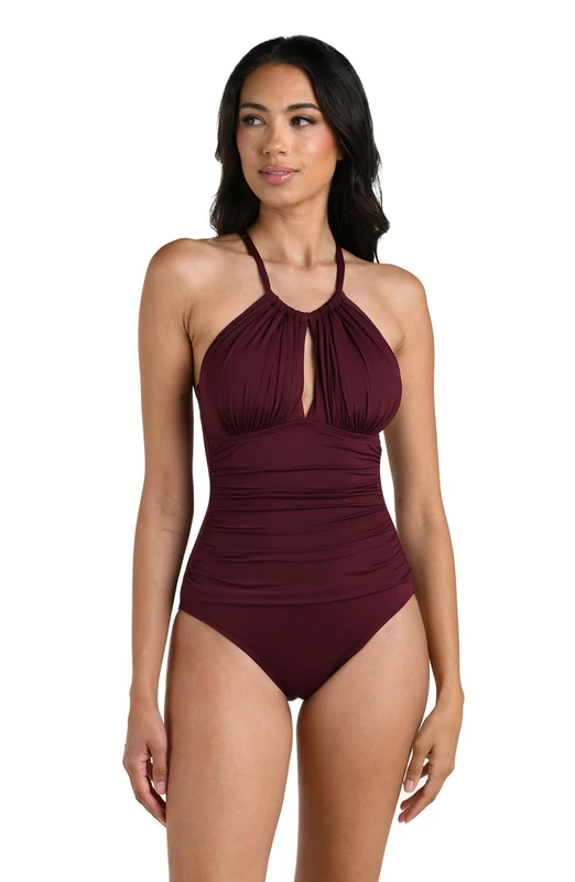 La Blanca Women's One Piece Swimsuit High Neck Keyhole Island Goddess, Dark Cherry, 6