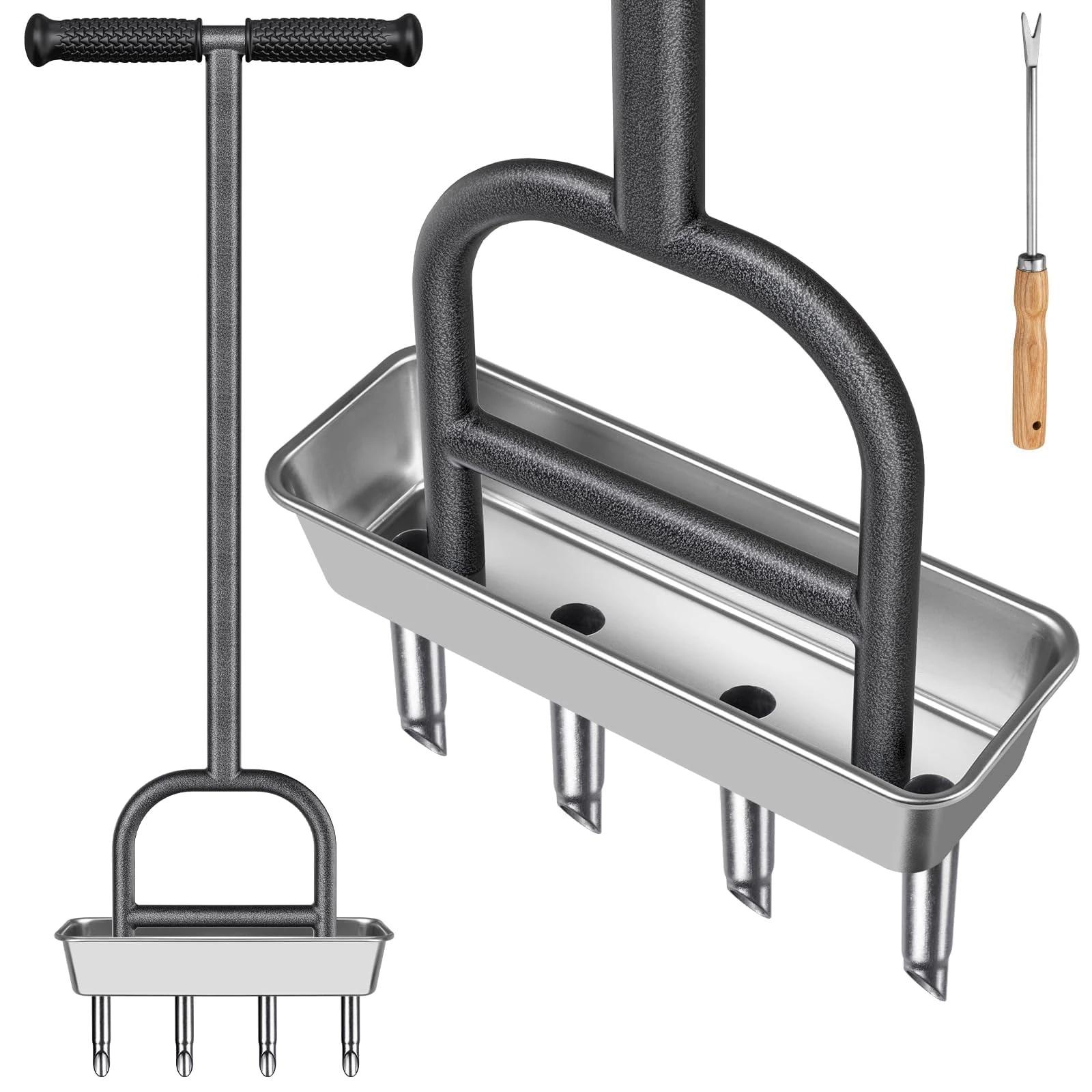 BeneLabel Lawn Aerator, Grass Hollow Tine Aerating Tool Long Handle Manual Garden Plugger 4 Core Heavy Duty Coring Aeration Spike Soft Grip with Core Storage Tray&Cleaning Set for Compacted Soil Care