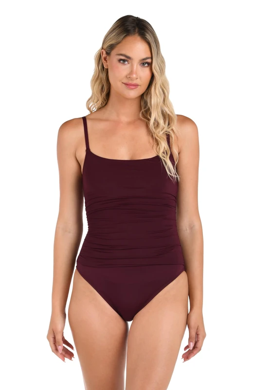 La Blanca Women's Island Goddess Rouched Body Lingerie Mio One Piece Swimsuit, Dark Cherry, 10