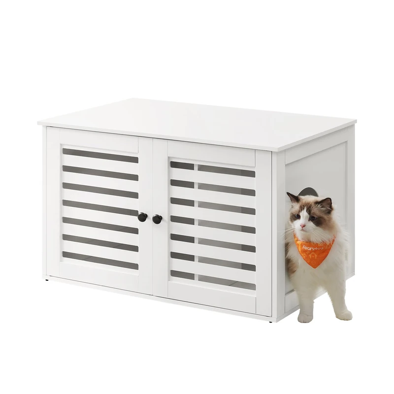 Feandrea Cat Litter Box Enclosure, Litter Box Furniture Hidden with Removable Divider, 2 Shutter Doors, Indoor Cat House, End Table, 80 x 53 x 49 cm, Cloud White PCL003W01