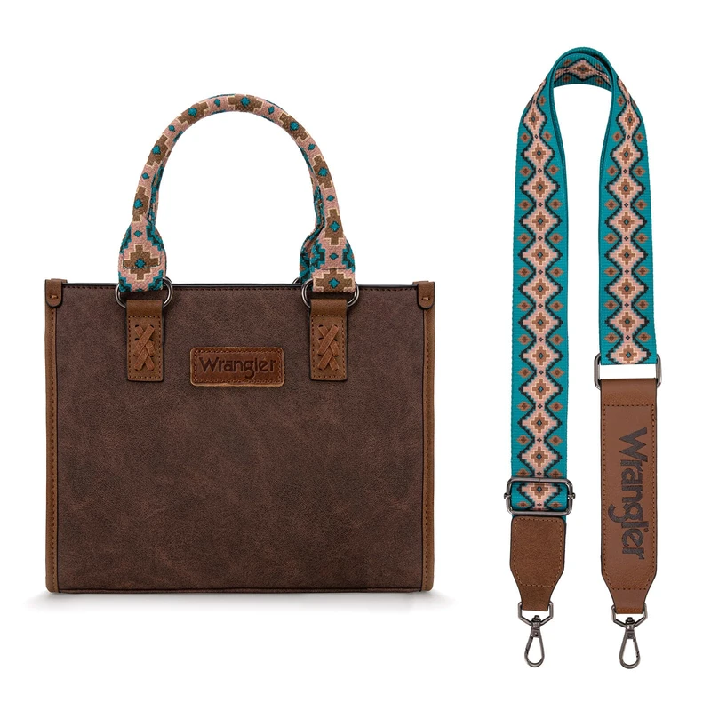 Wrangler Tote Bag for Women Western Retro Purse Top Handle Handbags with Aztec Strap, A-aztec-coffee and Turquoise, M