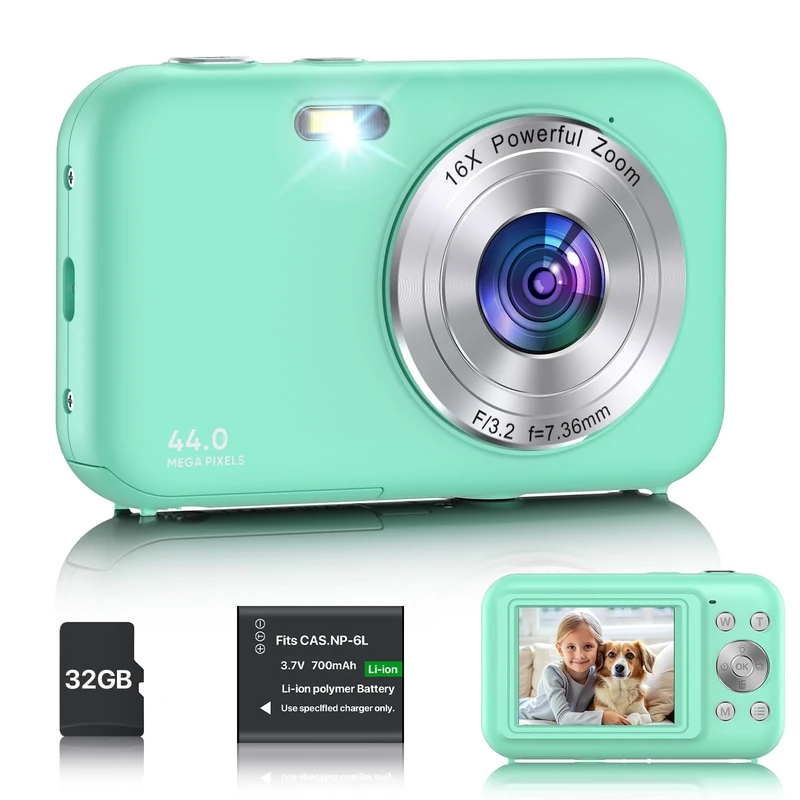 IXNAIQY Digital Camera, Compact Camera with 32GB Card, 1080P 44MP, 16X Digital Zoom, Green