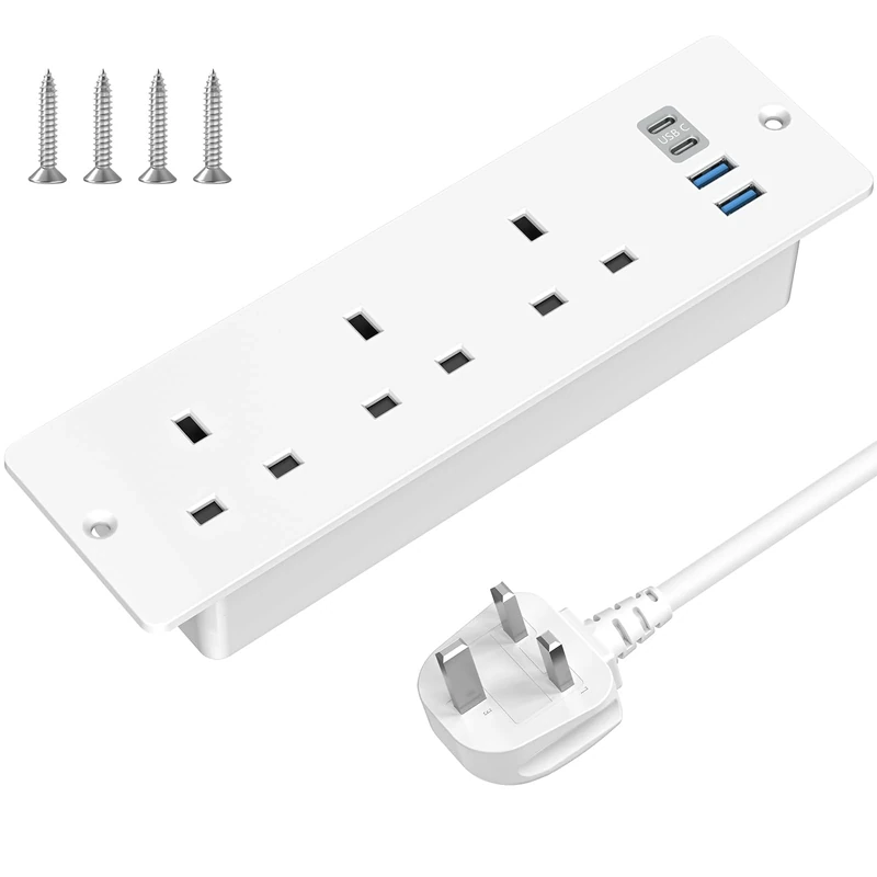 Desktop Power Strip with USB C, ANVODE 3 Ways Recessed Power Socket with 2 USB-A, 2 USB-C Ports, Hidden Desk Power Socket for Office Home Kitchen Workbench, 2M/ 6.5FT Cable, White