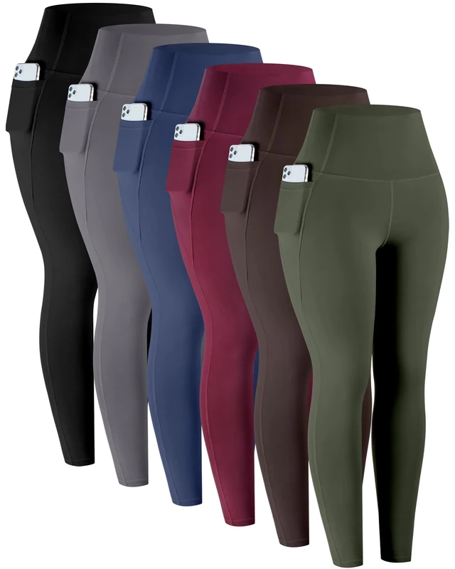 LZYVOO Leggings with Pockets for Women, 6 Packs Soft High Waisted Tummy Control Workout Yoga Pants, 6 Packs - Black,Gray,Navy,Burgundy,Army Green,Brown, Large