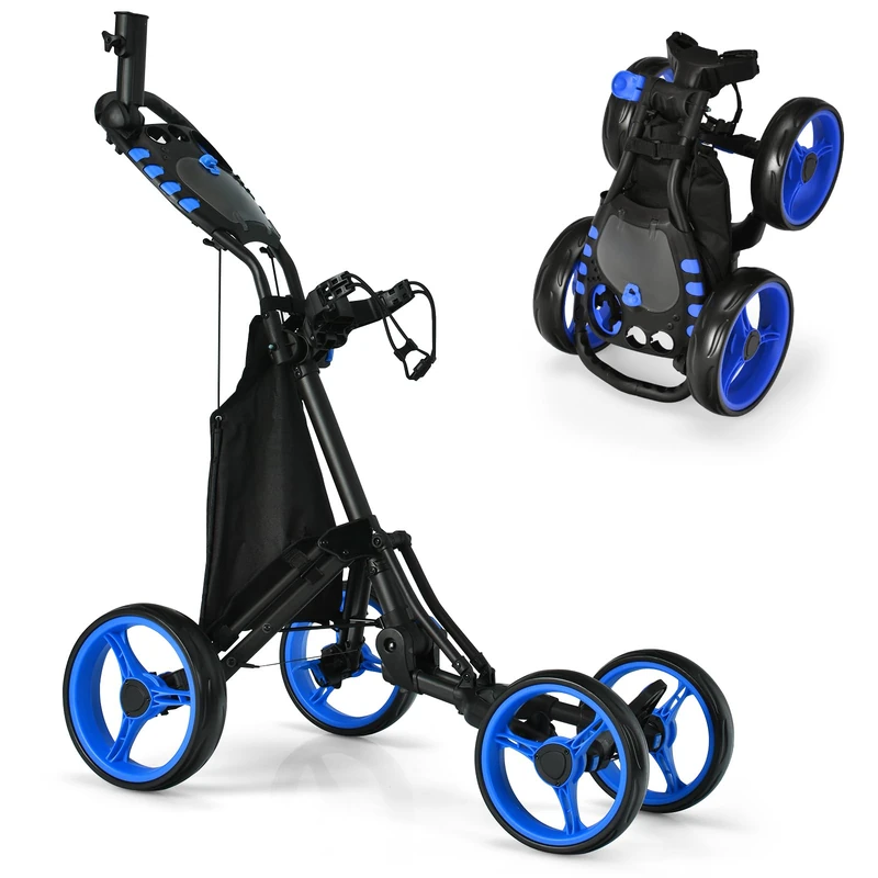GYMAX 4 Wheels Golf Push Pull Cart, Foldable Golf Bag Holder (Blue)