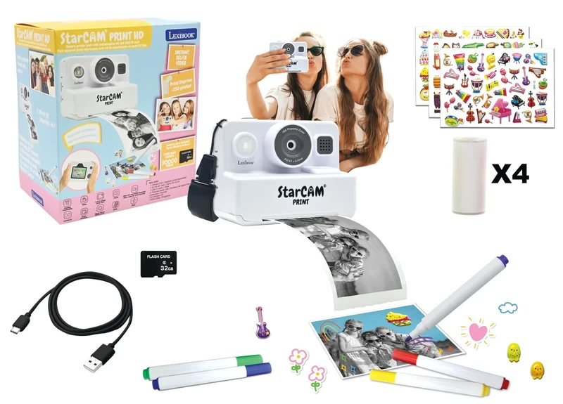 Lexibook, StarCAM Print HD, Camera with instant printer, Photo, video, selfie, music and games functions, Customisation kit and 32GB SD card included, White, DJ160