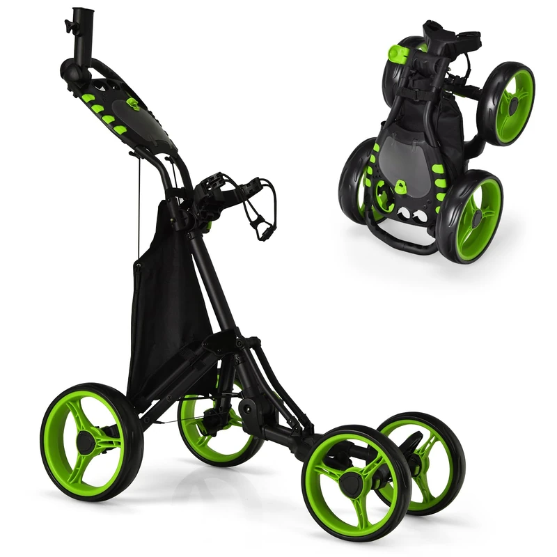 GYMAX 4 Wheels Golf Push Pull Cart, Foldable Golf Bag Holder (Green)