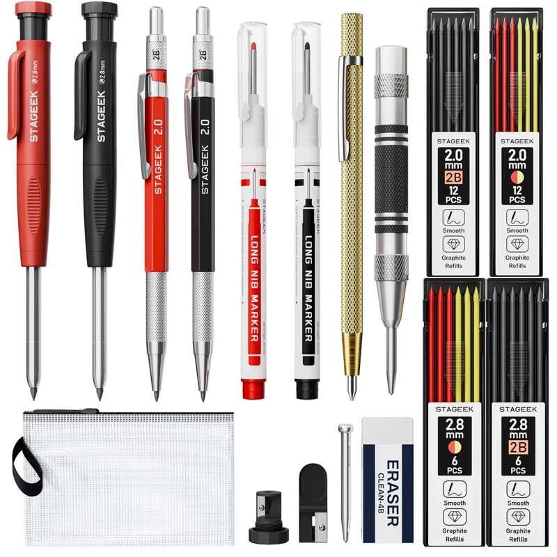 STAGEEK 17 Pack Mechanical Carpenter Pencil Set with Sharpener, Automatic Center Punch, Carbide Scribe Tool, Eraser and Deep Hole Marker Pen, Heavy Duty Construction Pencil for Architect-With Pouch