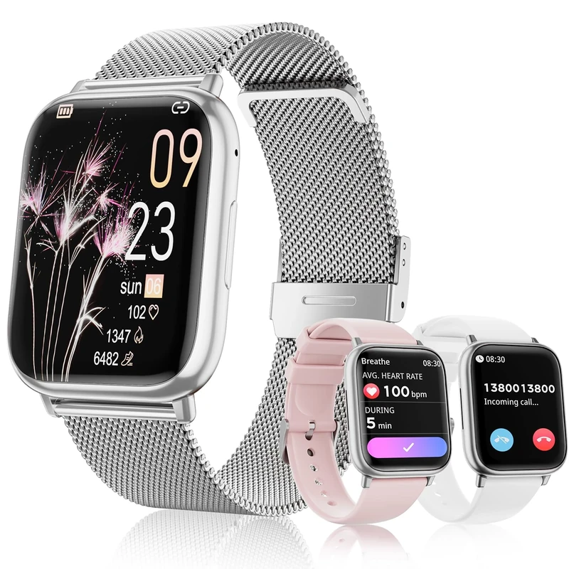 Loekneue Women's Men's Smart Watch with Bluetooth 5.3 Call, 1.83 Inch HD Smartwatch, Sleep Monitor SpO2 Menstrual Cycle IP68 Heart Rate Monitor Fitness Pedometer for Android iOS (Silver)