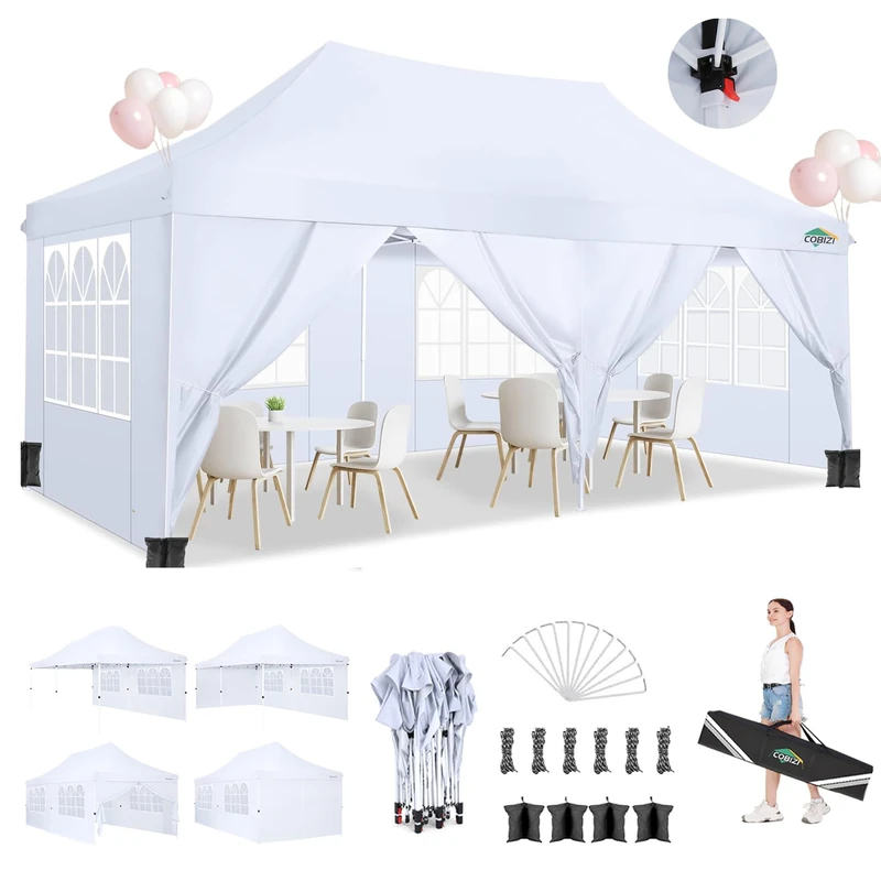 COBIZI Folding Gazebo 3 x 6 m Waterproof Stable Gazebo 3 x 6 m Party Tent Foldable Anti-UV with 6 Side Walls, Garden Gazebo for Weddings, Outdoors, Garden, Party
