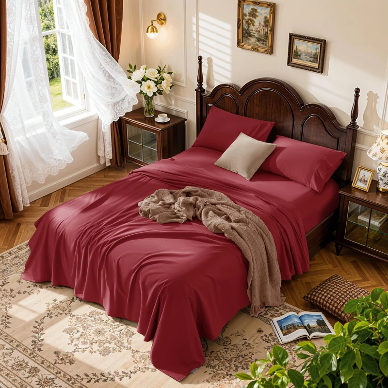 LBRO2M 1000 Thread Count 100% Egyptian Cotton Sheets Set California King Size, 4 Piece Sets Bed Sheet Deep Pocket Sheet Set 16" Soft Comfortable All Season (California King, Burgundy)