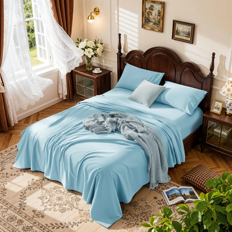LBRO2M 1000 Thread Count 100% Egyptian Cotton Sheets Set Full Size, 4 Piece Sets Bed Sheet Deep Pocket Sheet Set 16" Soft Comfortable All Season (Full, Light Blue)