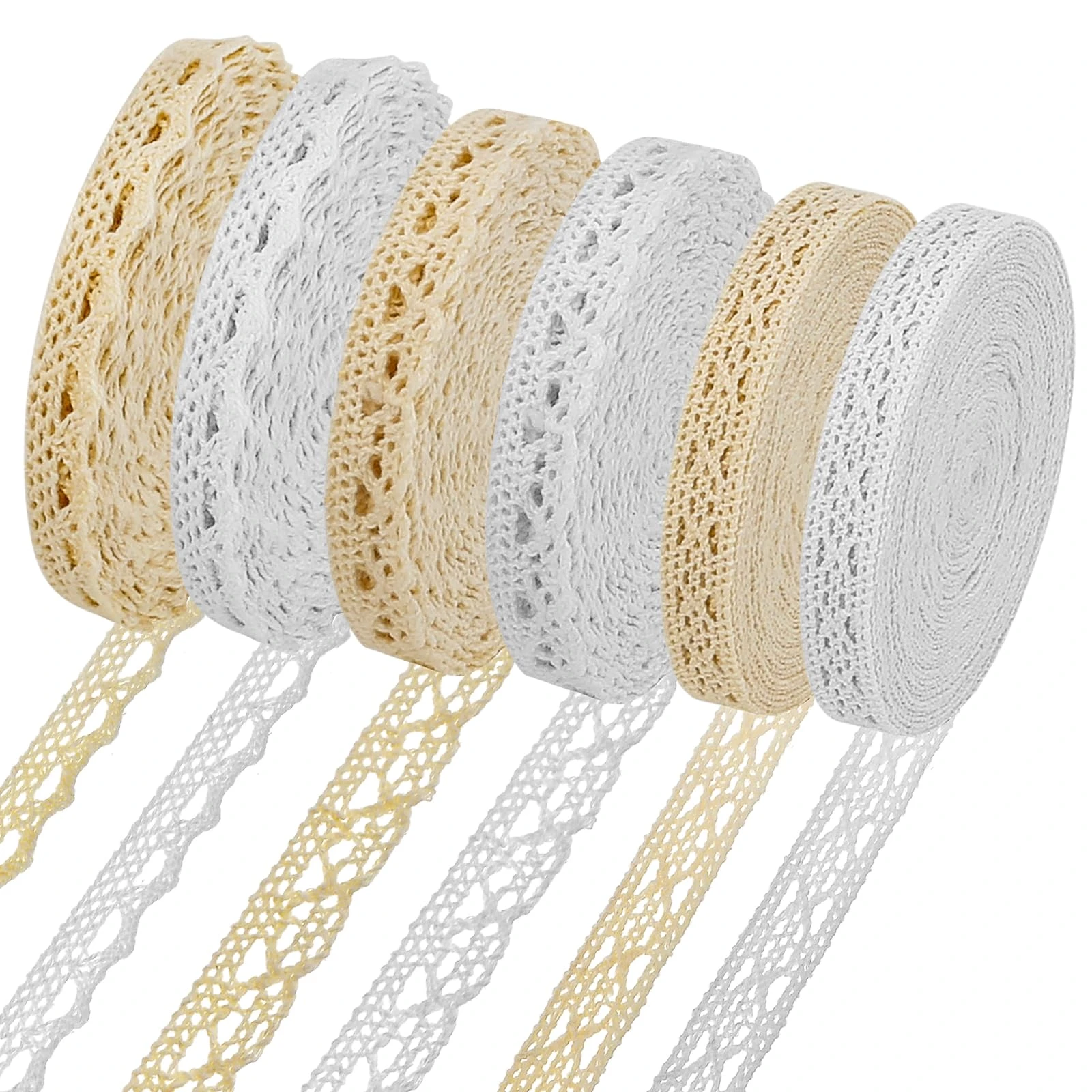 6 Rolls Lace Border Ribbon, Pattern Fabric Lace Ribbon, Vintage Lace Ribbon, Vintage Cotton Lace Trim, Decorative Crochet Lace with Double-Sided Tape, Edge Trimming Ribbon for Sewing Scrapbooking