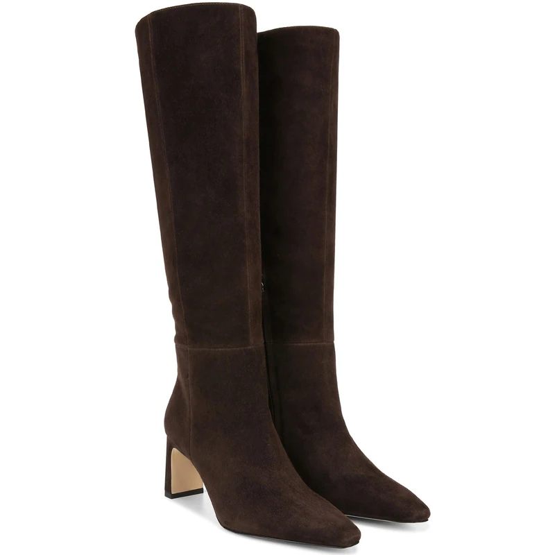 Burgundy Knee High Boots for Women Square Toe Chunky Heeled Wide Calf Boots Fall Dress Elastic Tall Boots with Zipper, Chocolate-brown, 5.5 UK