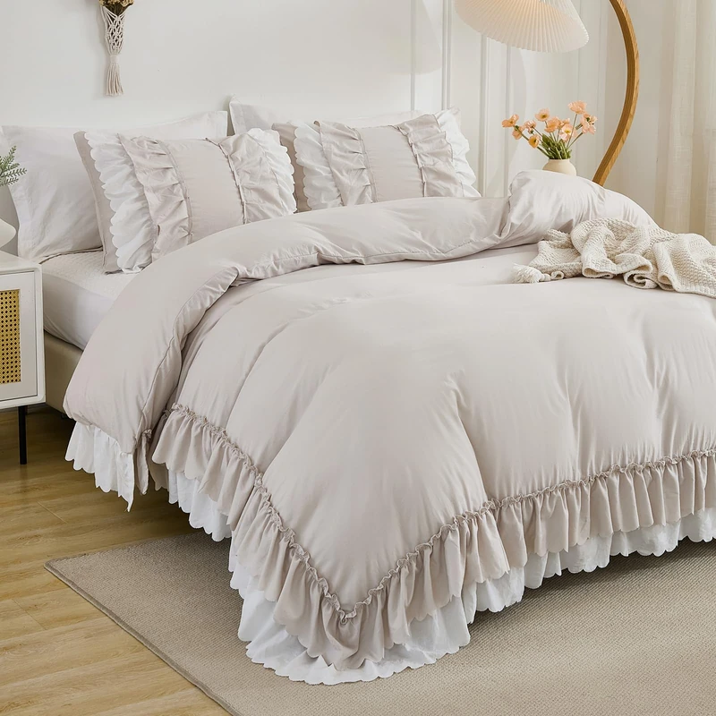 Herside Beige Ruffle Comforter Set King Size,Shabby Chic Boho Bedding Sets, Soft Fluffy Comforters Sets for All Season,Vintage Ruffled 3 Pcs Microfiber Lightweight Quilt Set for Women Girls