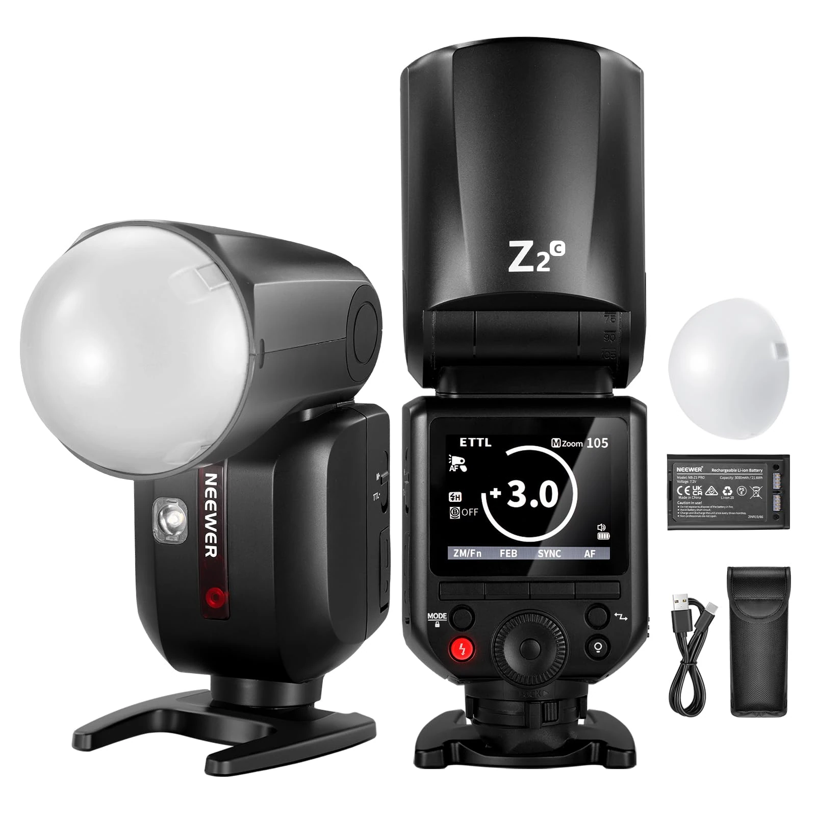 NEEWER Z2-C 2.4G TTL Round Head Flash Speedlite Compatible with Canon Cameras, 76Ws 1/8000s HSS with Diffuser, 2 Modeling Lamps, Upgraded UI, TTL/M Toggle Key, 3000mAh Battery, 600 Full Power Flash