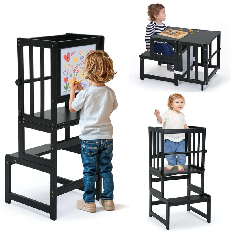 COSYLAND Convertible Toddler Standing Tower with Whiteboard – 3-In-1 Kitchen Step Stool for Kids – Children's Bathroom Kitchen Counter Helper Tower Learning Stool (Black)