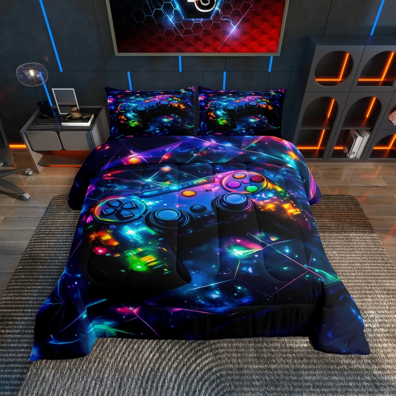 Feelyou Kids Gamer Comforter Set King Size, Galaxy Gaming Bedding Set Glitter Game Comforter Boys Girls Gamepad Teens Duvet Set Bedroom Decor Bed Set 3Pcs