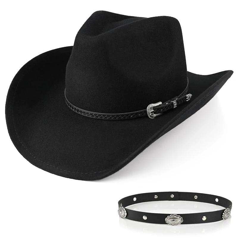 100% Wool Men's Women's Western Cowboy Hat Classic Black Cowgirls Hats Fedora Hat Felt with Two Decorative Bands, Black-b, Medium-X-Large