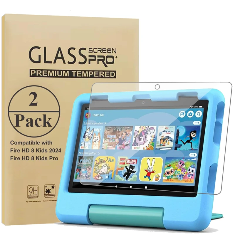 HunDun 2 Pack Screen Protector for 8 Inch Kids 2024/8 Kids Pro, 9H Hardness Tempered Glass Film
