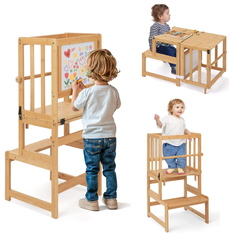 COSYLAND 3-In-1 Toddler Kitchen Stool Helper – Convertible Standing Tower With Whiteboard for Kids – Children's Bathroom Kitchen Counter Helper – Mothers' Helper Tower Learning Stool (Natural)