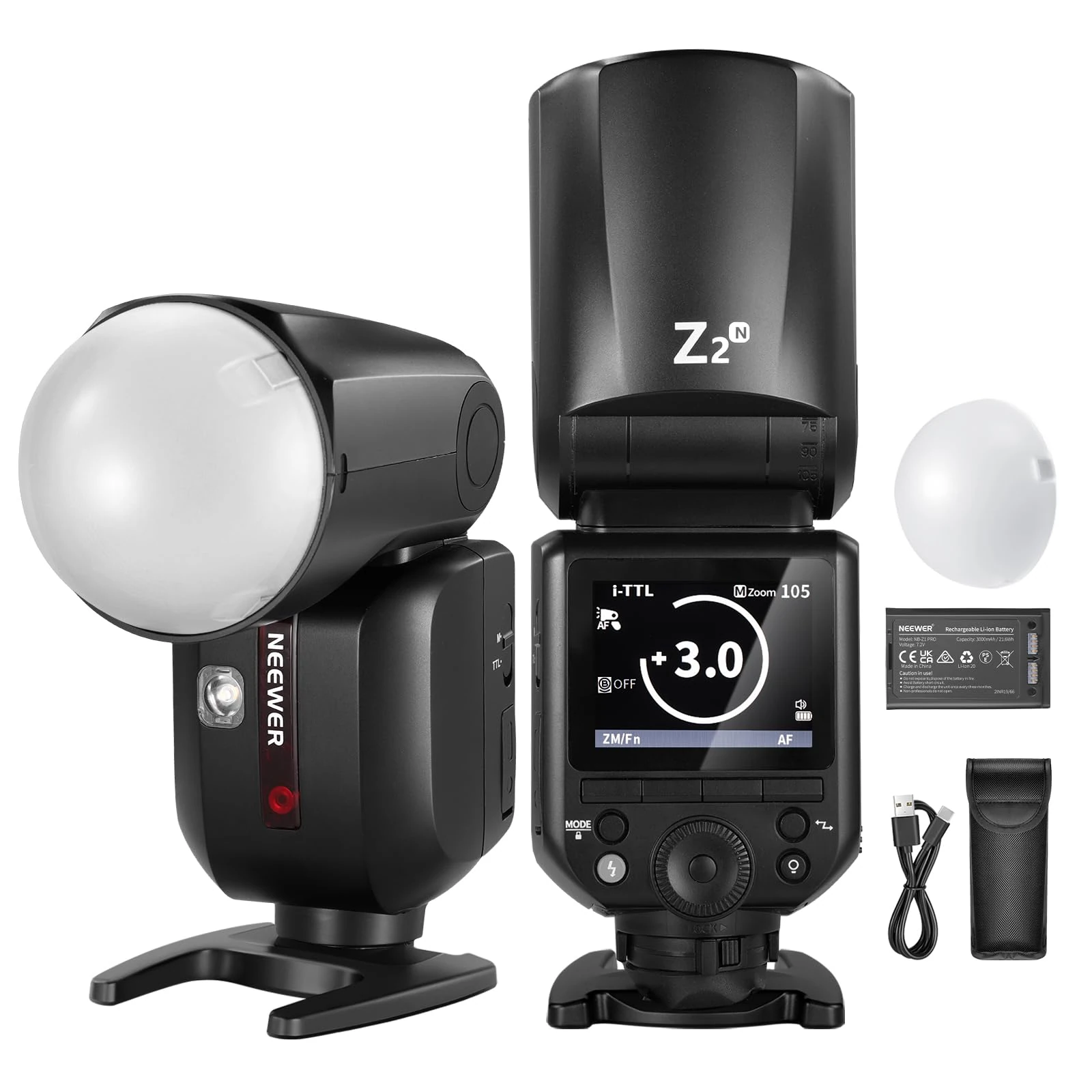 NEEWER Z2-N 2.4G TTL Round Head Flash Speedlite Compatible with Nikon Cameras, 76Ws 1/8000s HSS with Diffuser, 2 Modeling Lamps, Upgraded UI, TTL/M Toggle Key, 3000mAh Battery, 600 Full Power Flash