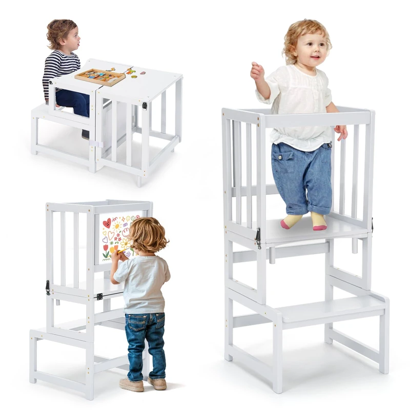 COSYLAND 3-In-1 Toddler Kitchen Stool Helper – Convertible Standing Tower With Whiteboard for Kids – Children's Bathroom Kitchen Counter Helper – Mothers' Helper Tower Learning Stool (White)