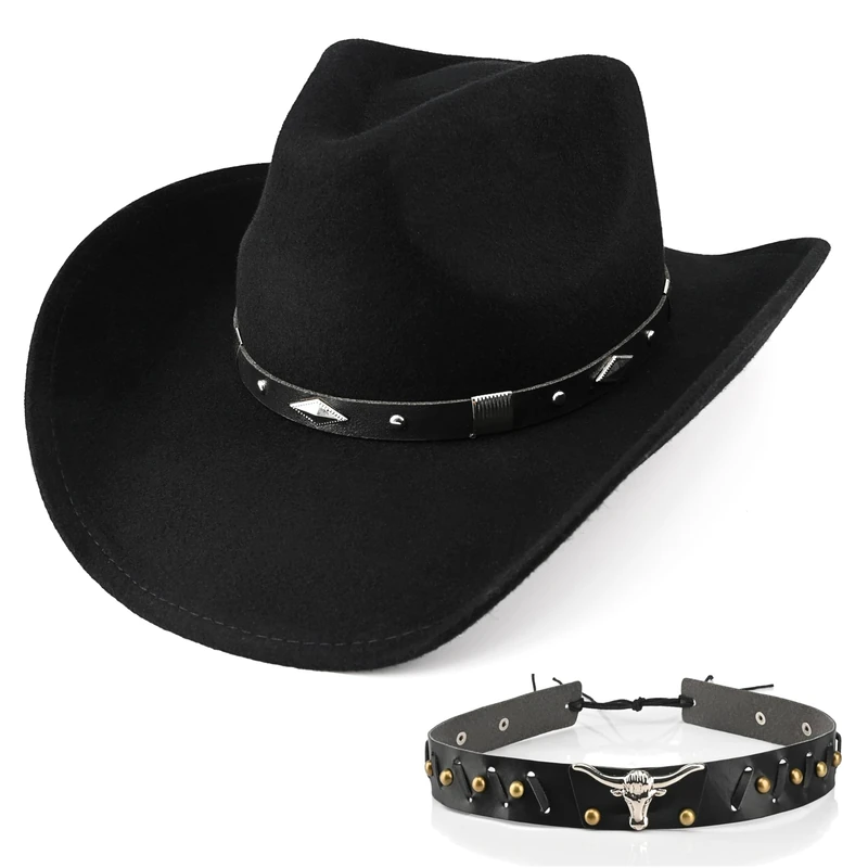 100% Wool Men's Women's Western Cowboy Hat Classic Black Cowgirls Hats Fedora Hat Felt with Two Decorative Bands, Black-a, Medium-X-Large